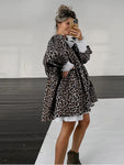 Fashion Leopard Turn Down Collar Mini Dress Chic Patchwork Long Sleeve Dresses