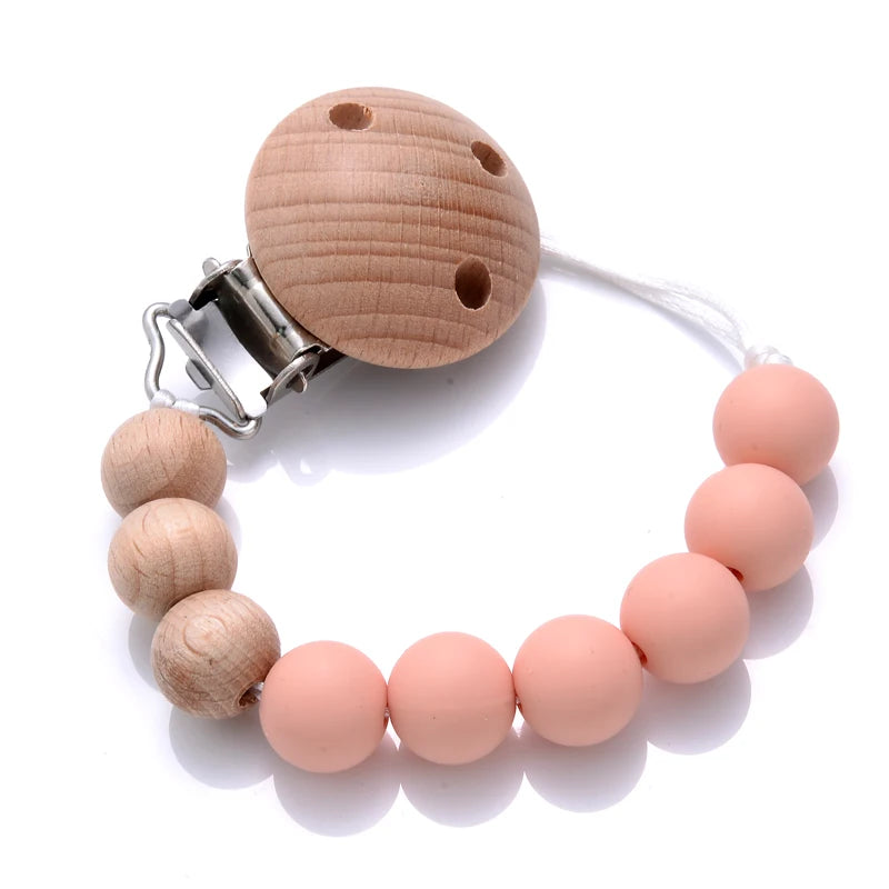Wooden Pacifier Clip Silicone Beads Baby Teether Toy