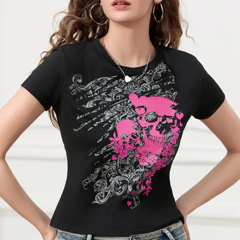 Y2K Skull Print T-Shirt Women’s Slim Fit Summer Streetwear Club Top