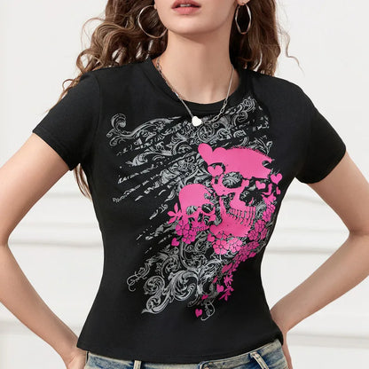 Y2K Skull Print T-Shirt Women’s Slim Fit Summer Streetwear Club Top