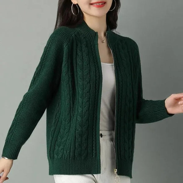 Womens Zip Up Cardigan Mock Neck Chunky Knit Sweater Coat