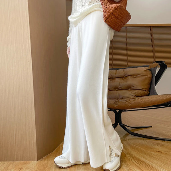 Womens Merino Wool Pants Flared Knit Trousers Elastic Waist Office