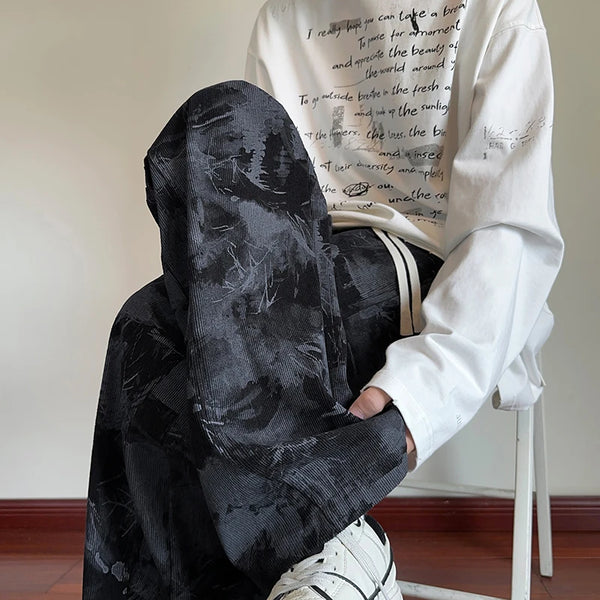 Mens Tie Dye Pants Korean Streetwear Wide Leg Black Casual Trousers