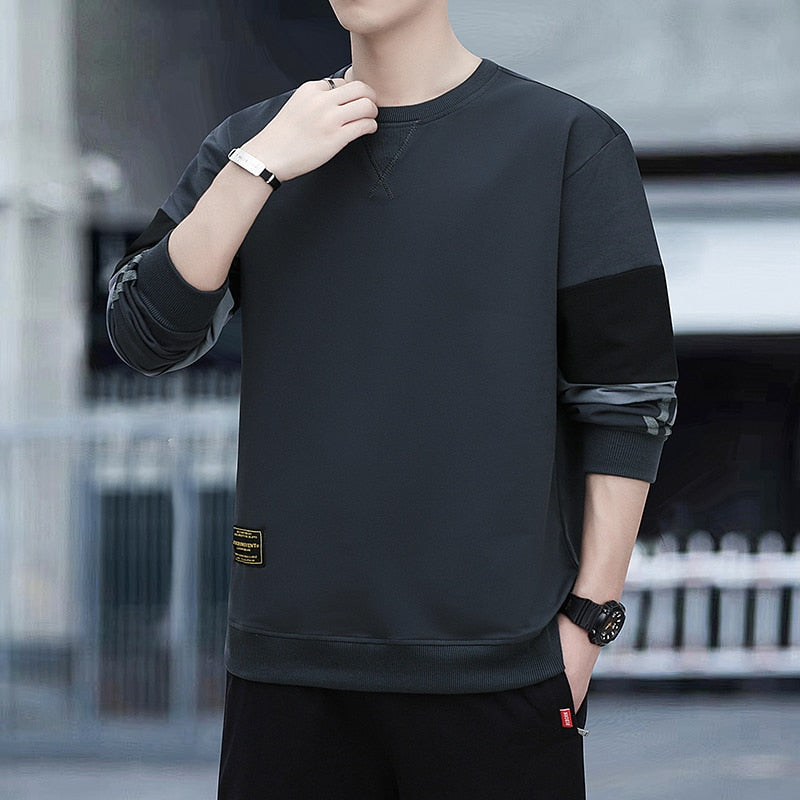 Sweatshirt Mens Round Neck Pullover Sweatshirt Stitching Long-sleeved