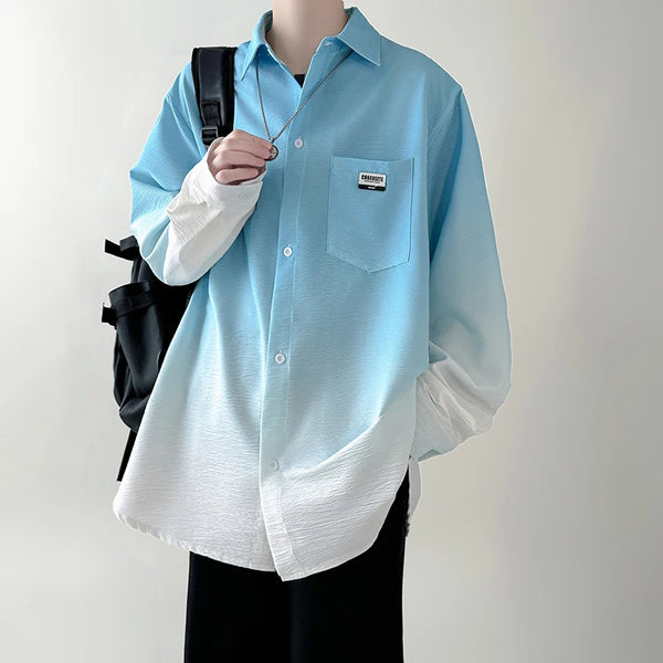 Men's shirt Gradient Plicated Long Sleeve Shirts Loose