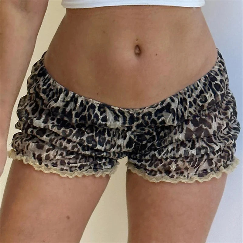 Retro Y2K Kawaii Leopard Print Ruffle Shorts Women Slim Fit Pants