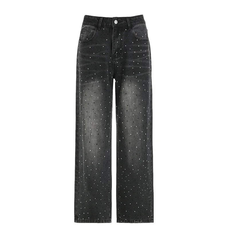 Y2K Vintage Distressed Straight Jeans with Diamonds