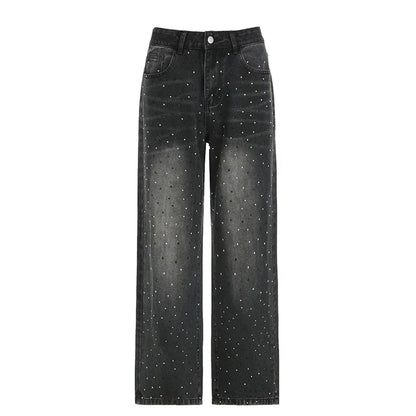 Y2K Vintage Distressed Straight Jeans with Diamonds