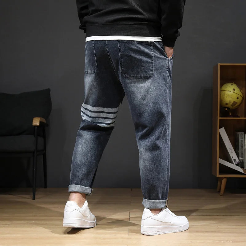 Trendy 8XL Men’s Striped Print Jeans Casual Stretch Denim Plus Size