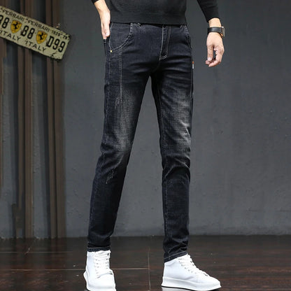 Men's Slim Fit Elastic Jeans Retro Denim  Pants