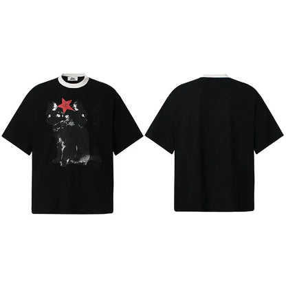 Men Hip Hop Oversized T-Shirt Hybrid Cat Graphic