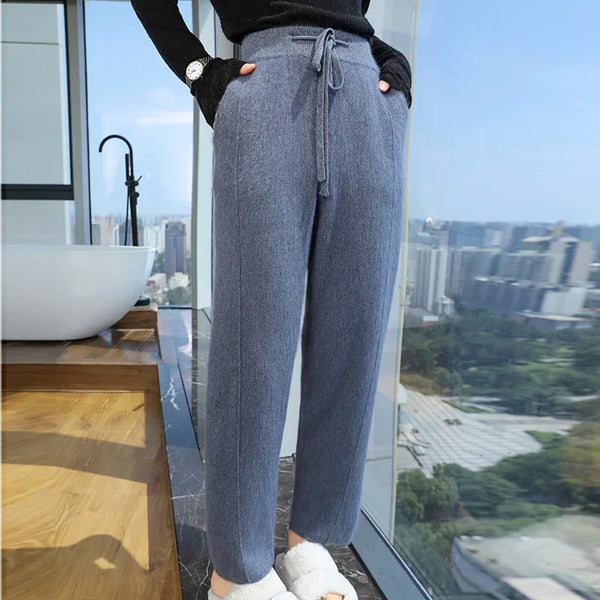 Thick Mink Cashmere Knitted Pants Women High Waisted Warm Winter