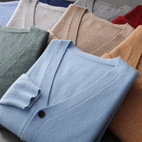 Mens Pure Merino Wool Cardigan V Neck Sweater Jacket Oversized Knit