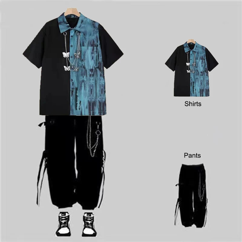 Harajuku Tie-Dye Shirt and Chain Cargo Pants Set Men Streetwear Suit