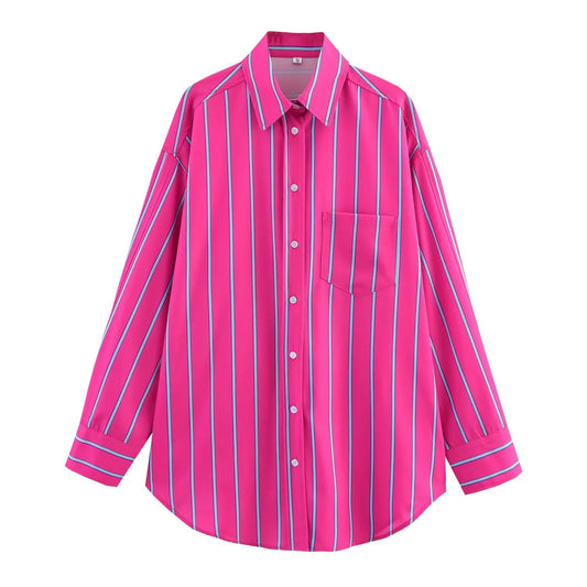 Women's Striped Print Blouse Loose Lapel Long Sleeve Single Breasted