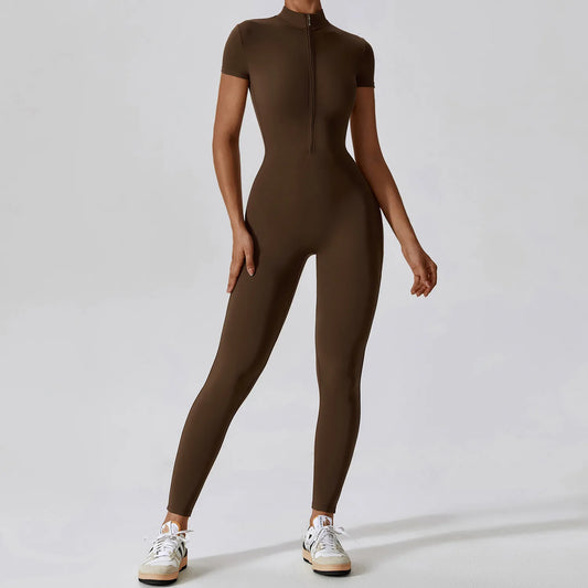 Women's Zipper Yoga Jumpsuit One-Piece Push Up Gym Bodysuit Set