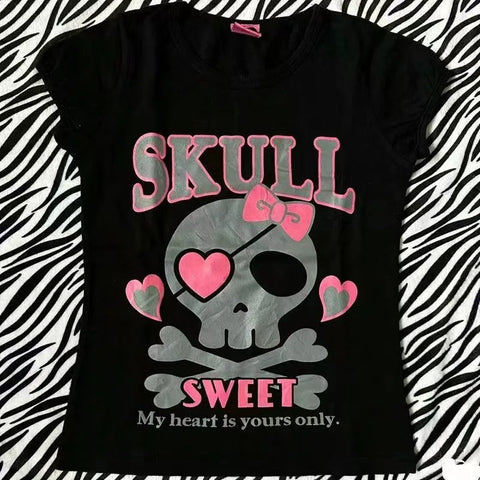 Sweet Skull Letter Print T Shirts Cool Gothic Grunge Punk Tops Summer 2024