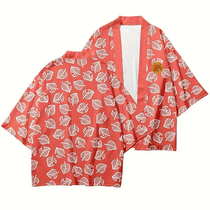 Leaf Print Haori Kimono Cosplay Costume Men Green Japanese Traditional