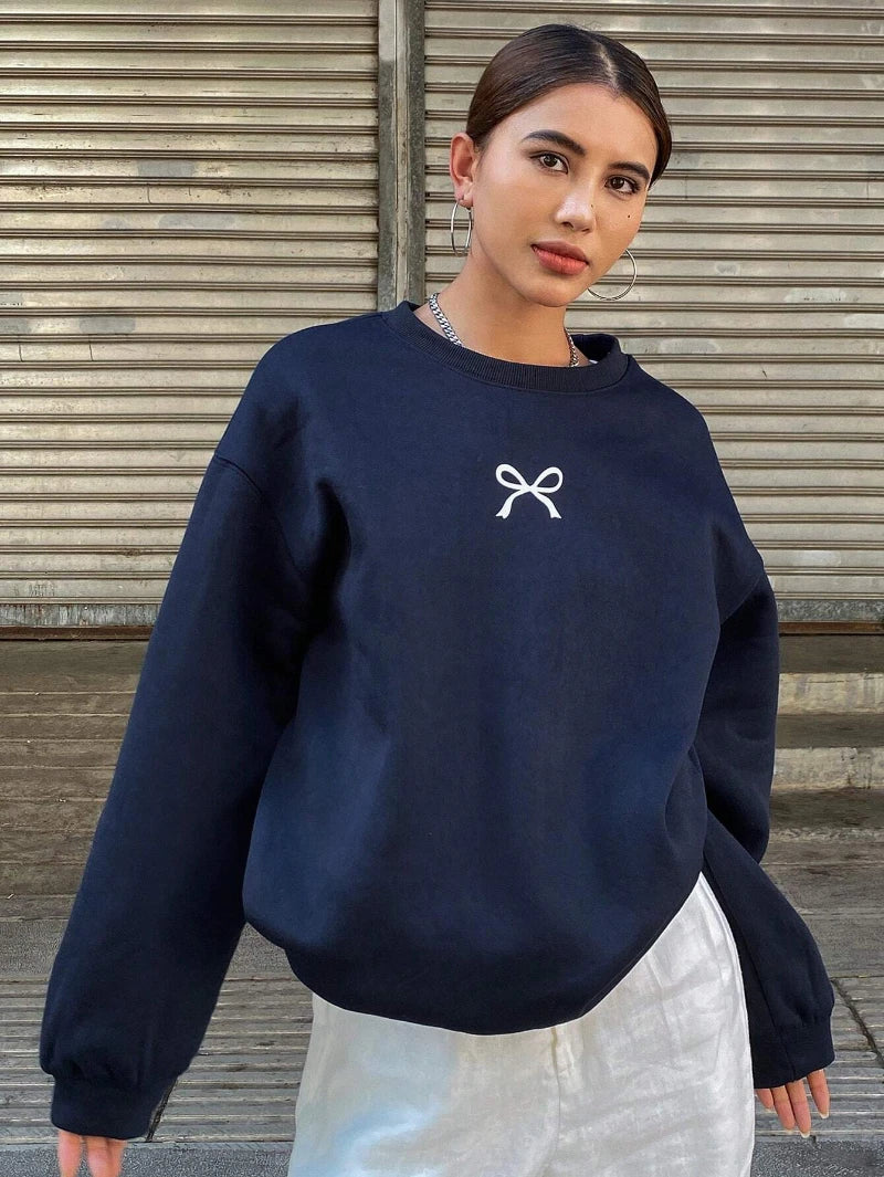 Casual Women's Sweatshirts Kawaii Bow Graphic Prints Pullover
