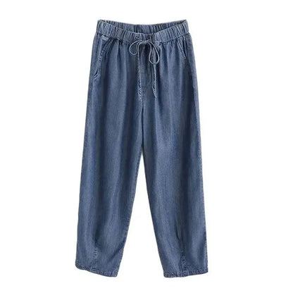 Blue Lyocell High Waist Wide Leg Denim Pants for Women