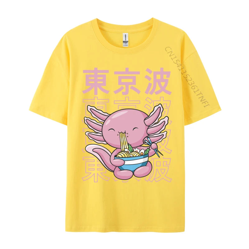 Kawaii Axolotl Eating Ramen Noodles T Shirt Autumn Hip hop