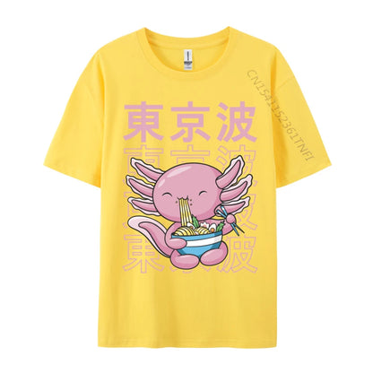 Kawaii Axolotl Eating Ramen Noodles T Shirt Autumn Hip hop