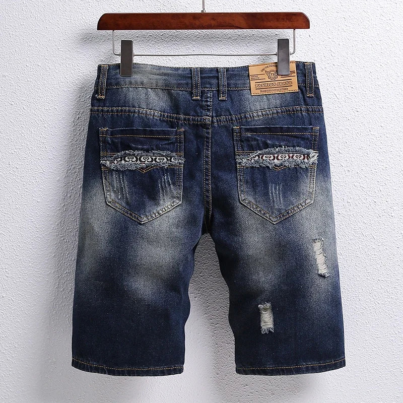 2024 Summer Jeans Men's Flip Denim Shorts Worn Hole Patch Vintage
