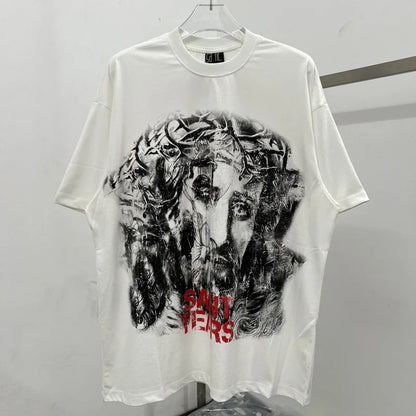 Oversized Saint T-Shirt Men Women Vintage Letter Print Streetwear
