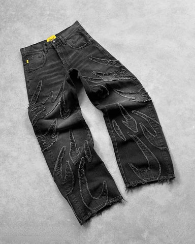 Y2K Distressed Black Baggy Jeans Men Gothic Wide Leg Pants