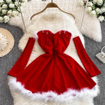 Festive Off-shoulder Furry Christmas Mini Dress For Party Events