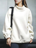 Winter Warm Polar Fleece Beige Y2K Basic Turtleneck  Sweatshirts Oversized