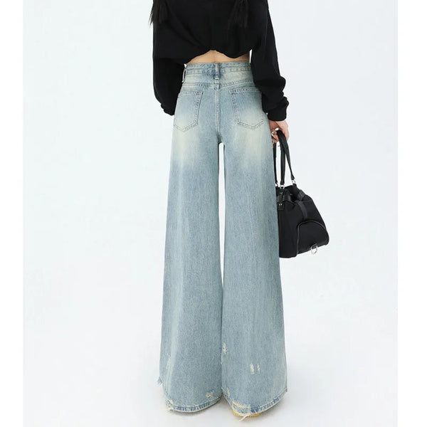 Women's Mid-Waisted Wide Leg Ripped Jeans Sky Blue Streetwear Denim