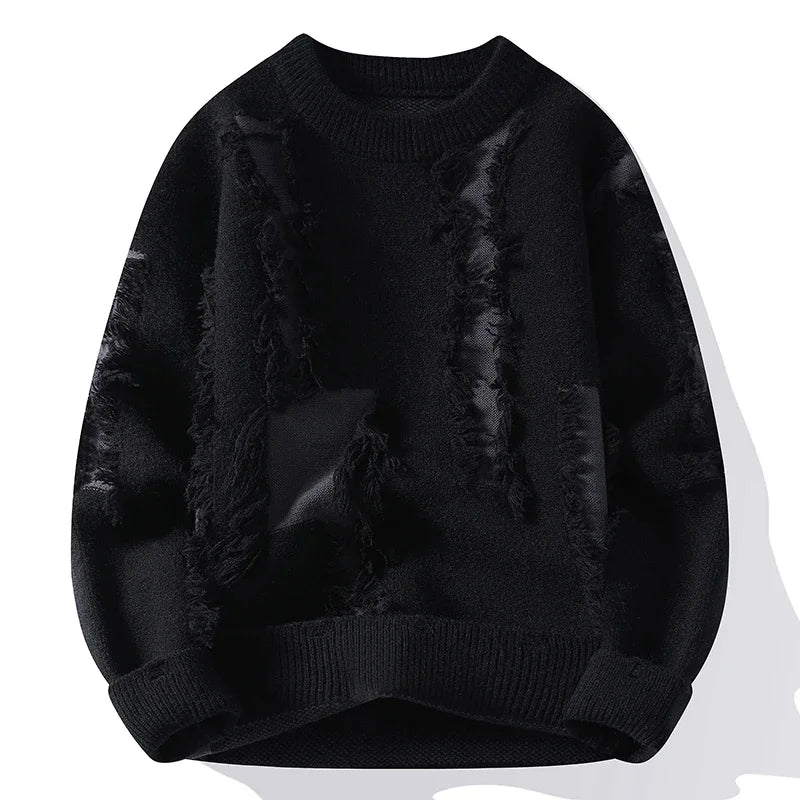 Men's Ripped Loose Knit Sweater Crew Neck Autumn Pullover