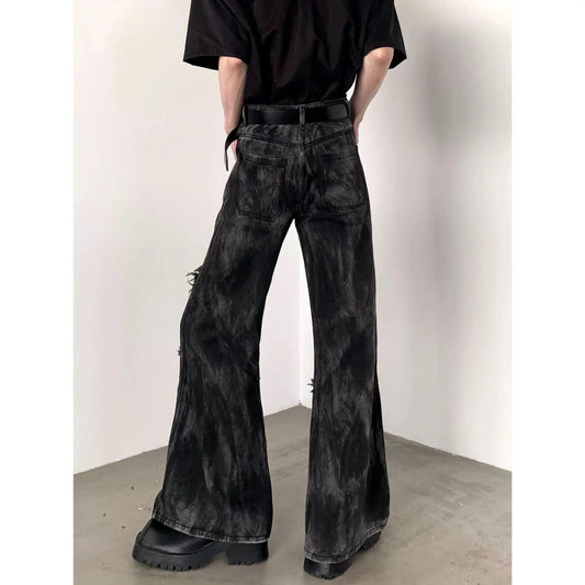 Men’s Gothic Flared Jeans Edgy Washed Black Distressed Streetwear