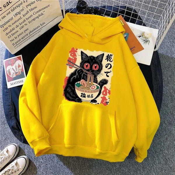 Cat Eating Ramen Hoodie Womens Plus Size Cute Graphic Sweatshirt 90s