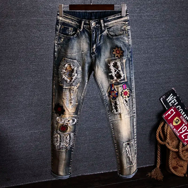 Men's Ripped Embroidered Jeans Y2K Goth Retro Cowboy Pants 2000s Style