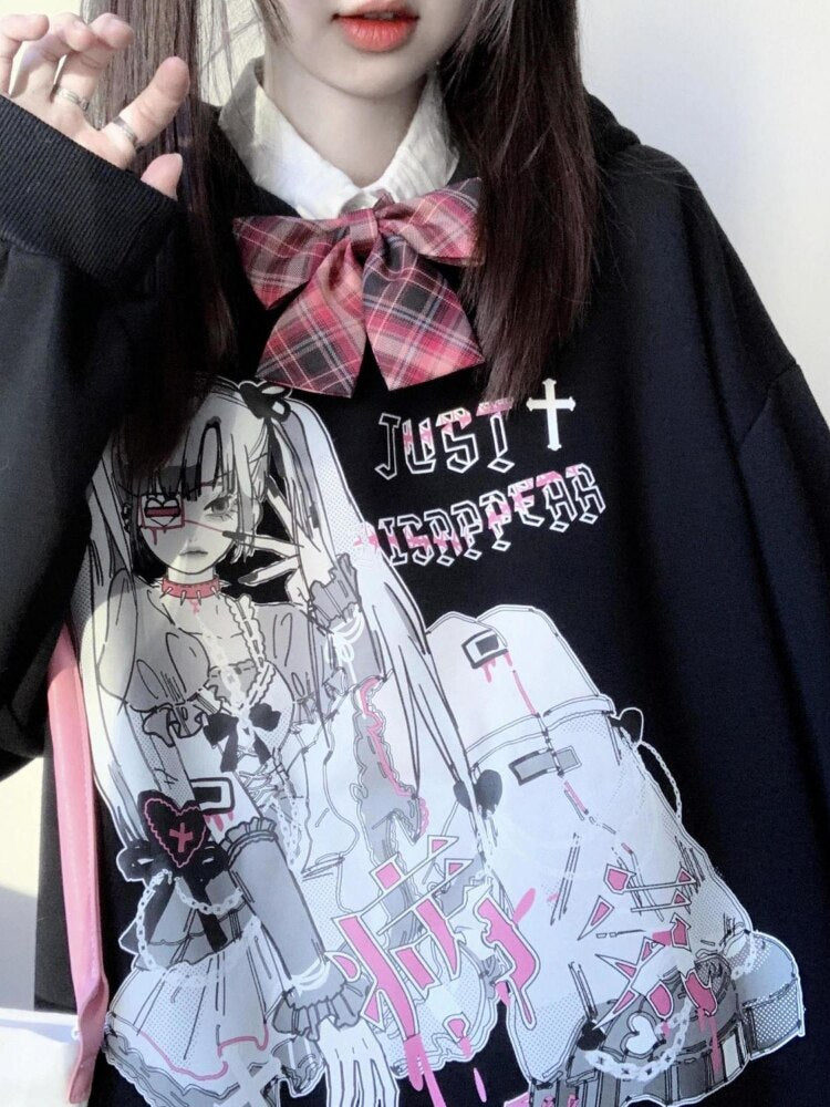 Harajuku Anime Hoodies Women Goth Streetwear Cartoon Print Y2k