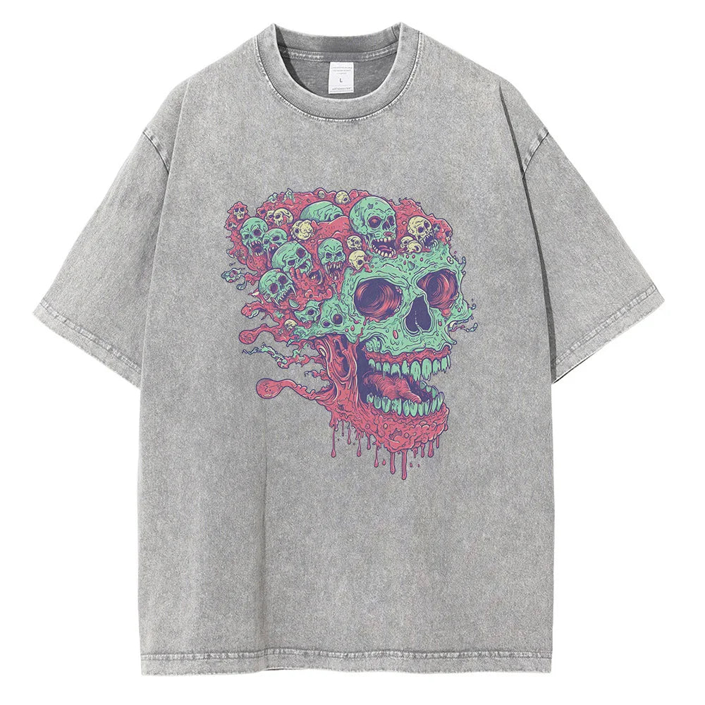 2025 Cold-Blooded Zombie Skull T-Shirt Vintage Wash Men’s Casual