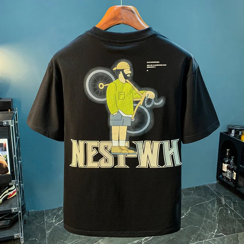 Men’s Summer Loose Embroidered Print T-Shirt Casual Trendy Short Sleeve