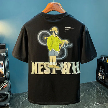 Men’s Summer Loose Embroidered Print T-Shirt Casual Trendy Short Sleeve