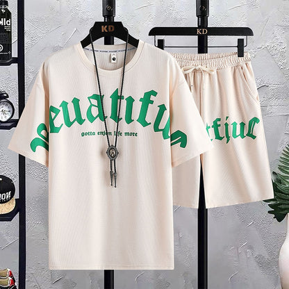 Men's Summer Letter Printing T-shirt and Shorts Set Sports Suit