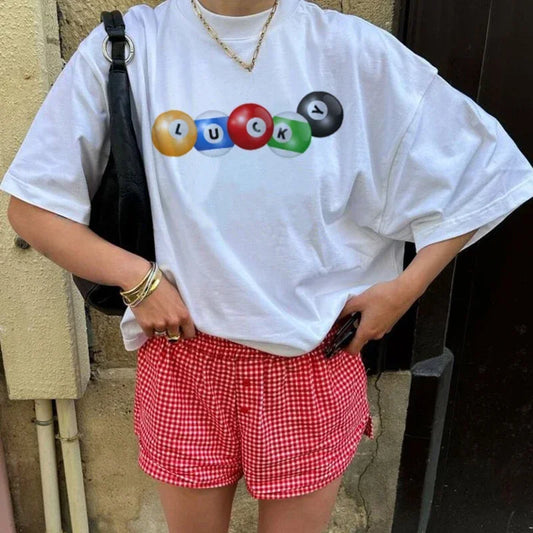Cute Retro Lucky Pool Ball T-Shirt Y2K Grunge Streetwear for Women