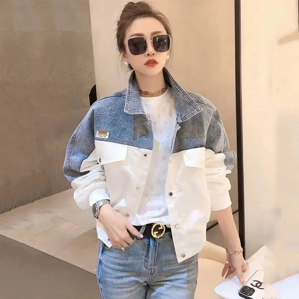 Embroidered Denim Jacket Women Short Colorblock Loose Fit Spring