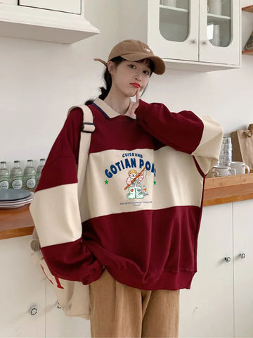 Harajuku-Eleganz: Übergroßes Sweatshirt mit koreanischem Polokragen – Samt-Hoodie für Damen