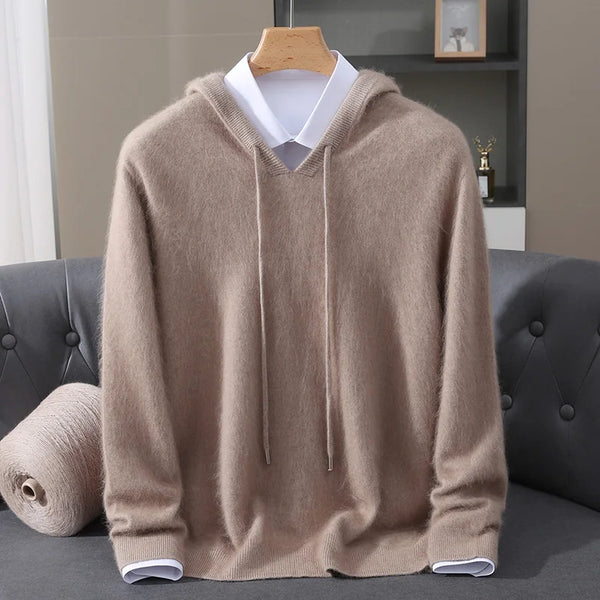 Mens 100 Percent Mink Cashmere Hooded Sweater Pullover Knit Top