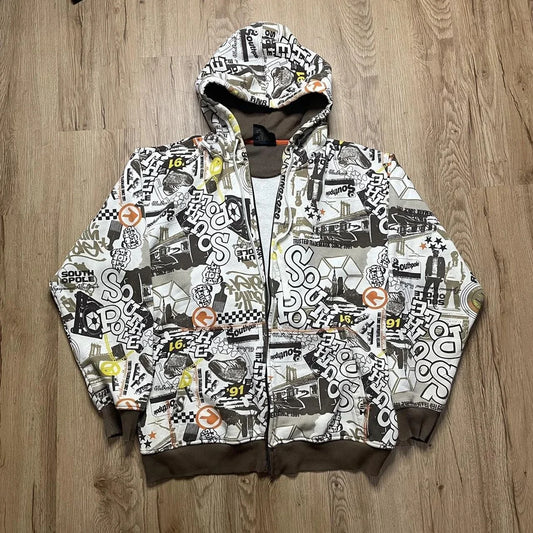 Y2K Retro American Streetwear Zipper Hoodie Graffiti Oversized Coat