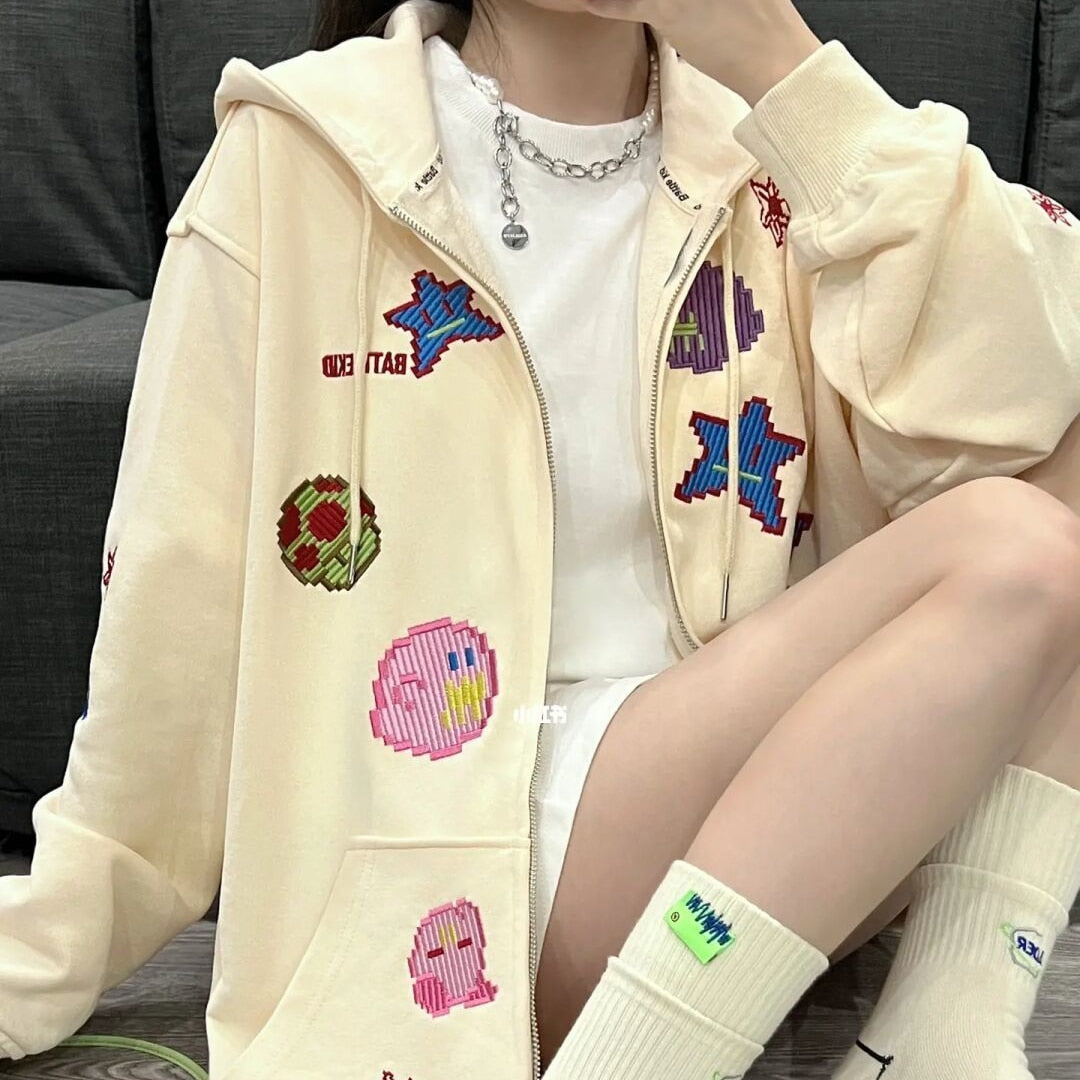 Oversized  Sweatshirt Hoodies Women Vintage Funny Pixel Pattern