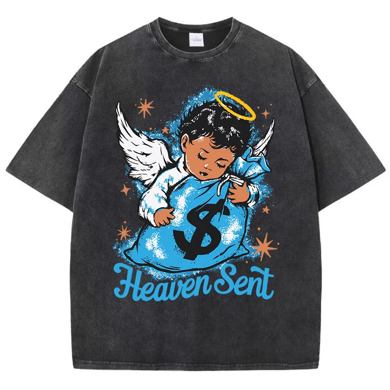 Angel Boy Money Print Washed Distressed T-shirt Summer Fashion Men