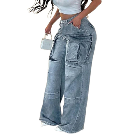 High Waist Multiple Pockets Splicing Straight Jeans Work Style Casual Denim Pants