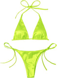Sexy Women Bikini Set Metallic Halter Top Two Piece Swimsuit Tie Side Triangle Bikini